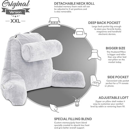 Husband Pillow XXL – Reading Pillow Bed Chair with Arms & Back Support – Light Grey - Back Pillow for Beds Sitting Up – Bed Rest Arm Pillow – Comfy Reading Pillow for Adults