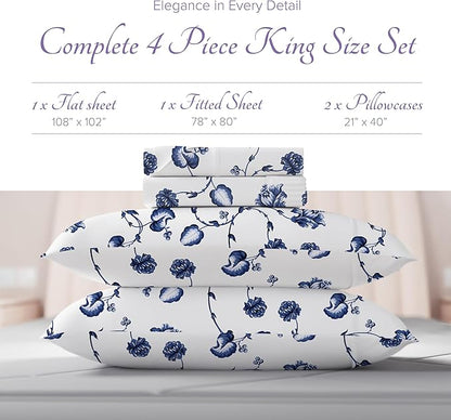 Carressa Linen Luxury Egyptian Cotton King Printed Sheet Set - 600 Thread Count Extra Long Staple 4 PC Set, Blossom Azure King Printed Sheets, Soft, Cooling Sateen Weave Sheets Upto 18 in Deep Pocket