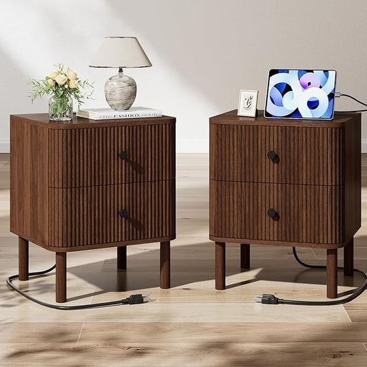 Night Stand Set of 2 with Charging Station, 18" Fluted Nightstand with Rounded Corners & Solid Wood Legs, 2 Drawers End Table, Mid Century Modern Bedside Table for Bedroom, Walnut