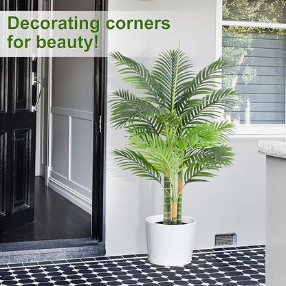 4ft Tall Triple Golden Cane Palm Artificial Tree 48" Large Tropical Palm Tree UV Resistant Fake Tree in Pot for Indoor Outdoor Big House Living Room Outside Patio Office Home Decor 2Pack