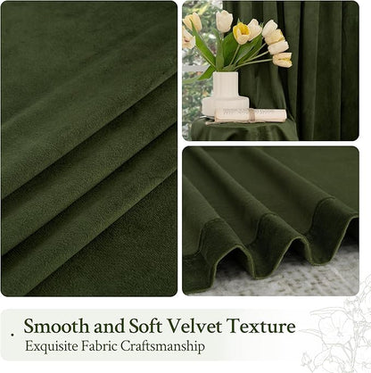 LAMIT Olive Green Velvet Curtains 80 Inch for Living Room, Thick Blackout Thermal Insulated Panels Room Darkening Country Decor Back Tab and Rod Pocket Drapes for Bedroom, 2 Panels, 52 x 80 Inch