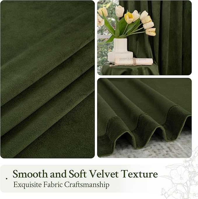 LAMIT Olive Green Velvet Curtains for Living Room 102 Inch Length, Room Darkeing Blackout Panels Luxury Thermal Insulated Back Tab and Rod Pocket Window Drapes for Bedroom, 2 Panels, 52 x 102 Inch