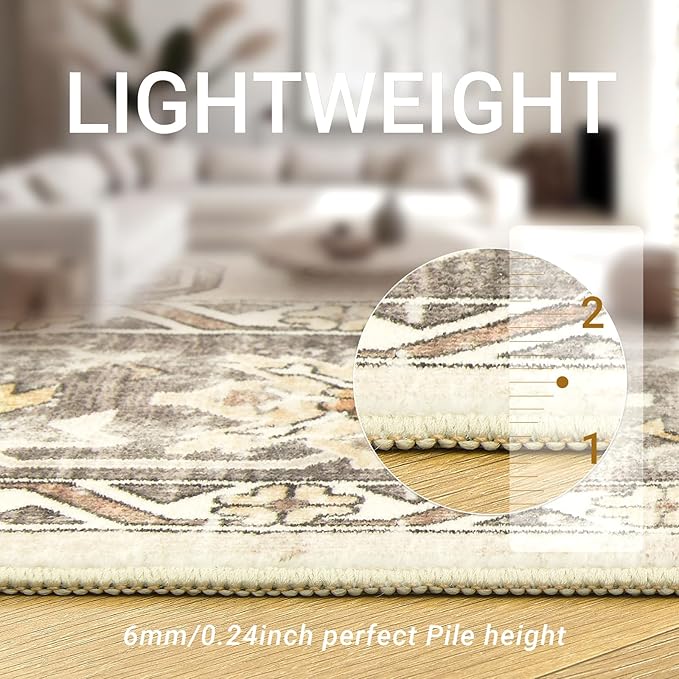 zesthome 5x7 Area Rugs - Ultra-Thin Washble Rug, Stain Resistant Anti Slip Backing Rugs for Living Room,Bedroom, Vintage Home Decor Area Rug (Beige/Brown,5'x7')