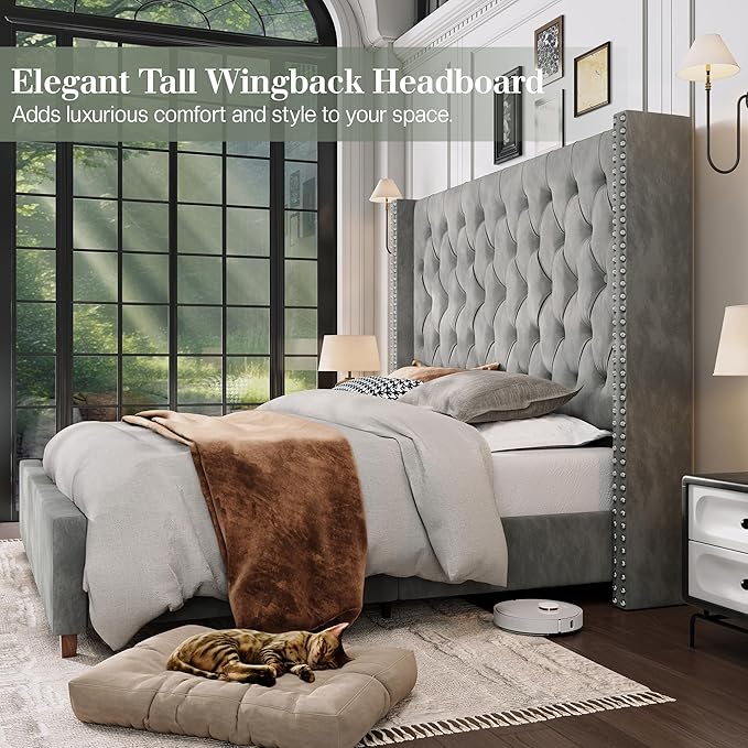 Jocisland California King Bed Frame with 61.4" Tall Wingback Headboard, Velvet Upholstered Platform Bed, Handcrafted Pleats& Deep Button Tufted, Solid Wood Legs, No Box Spring Required, Gray