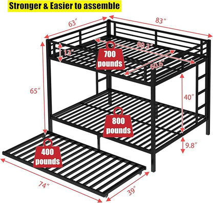 TSAMPA Latest Upgraded & Stronger Metal Bunk Bed Queen Over Queen Size, More Stable & Safer Steel Heavy Duty Bunkbed Frame with Twin Size Trundle (Queen Over Queen)