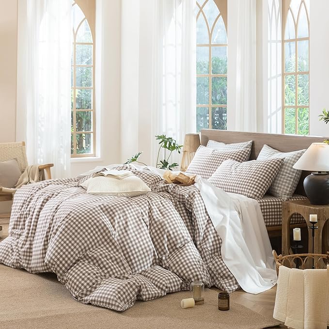 MooMee Gingham Duvet Cover Set 100% Washed Cotton Linen Like Textured Breathable Durable Soft Comfy Modern Checkered Design (Brown Gingham, Cal King 104"x98")