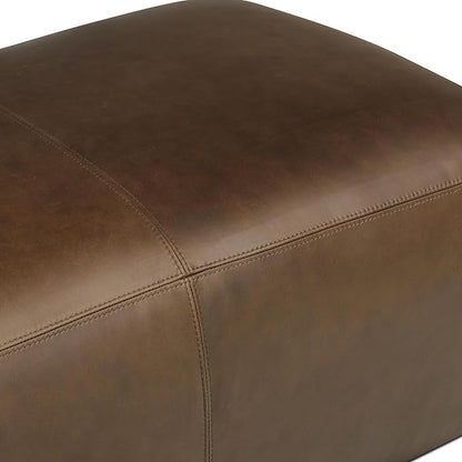Poly & BARK Denver Ottoman – 43" Large Pouf with Feather-Down Topper – Full-Grain Leather Upholstered Pouf Ottoman for Living Room – Vintage Italian Leather in Cocoa Brown