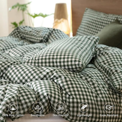 MooMee Gingham Duvet Cover Set 100% Washed Cotton Linen Like Textured Breathable Durable Soft Comfy Modern Checkered Design (Forest Green Gingham, Full 80"x90")