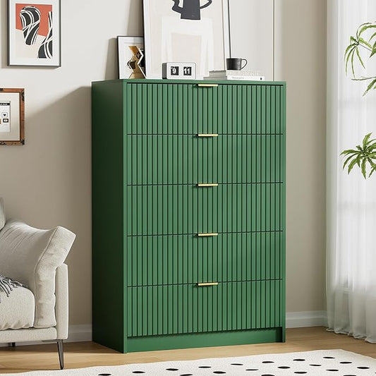 Green Dresser for Bedroom, Modern Dresser with 5 Drawers and Smooth Slides, Wide Chest of Drawers with Golden Handles for Bedroom, Living Room, Closet, 15.7" D x 31.5" W x 47.2" H