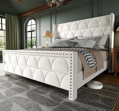 King Size Bed Frame with 56" Headboard - Velvet Upholstered Wingback Platform Bed Frame, Noise Free, Sturdy Wooden Slat Support (Cream, King)