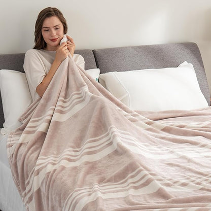 Berkshire Blanket-Classic Heavyweight Soft Printed VelvetLoft® Plush Warm Blanket, Twin Size Soft Fuzzy Blanket for Couch Sofa Bed, Stripe Cream, 60in x 90in