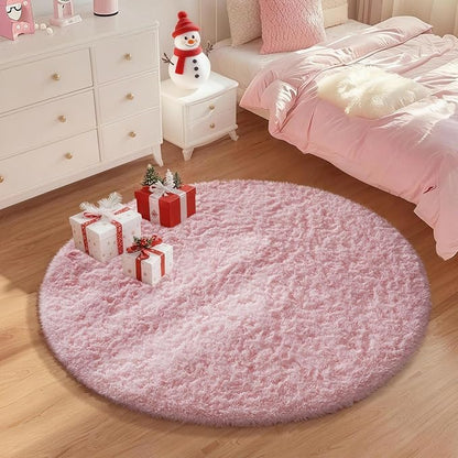 Ophanie Pink Round Rug for Bedroom Girls, Kids Fluffy Kawaii Fuzzy Shag Circle Circular Area Rugs, Cute Plush Christmas Small Carpet 3.6Ft, for Teen Baby Nursery Home Living Room Dorm Decor Aesthetic