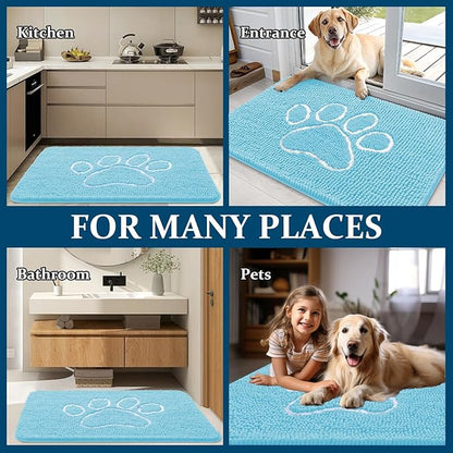 OLANLY Dog Door Mat for Muddy Paws 24x16, Paw Print Design, Absorbs Moisture and Dirt, Absorbent Non-Slip Washable Doormat, Quick Dry Chenille Mud Mat for Dogs, Entry Indoor Entryway Carpet, Blue