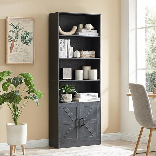 RWYHG 70in Tall Bookshelf 6 Tier Bookcase with Barn Doors and Adjustable Shelf, Black Farmhouse Book Shelves with Storage Cabinet,Wood Floor Standing Display Bookshelve for Bedroom,Living Room,Kitchen