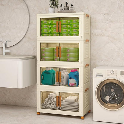 Plastic Stackable Storage Bins with Lids and Wheels, 358.4QT-89.6QT*4Tier Foldable Closet Organizers and Containers, Collapsible Clear Drawer Storage Cabinet with Doors Ivory White