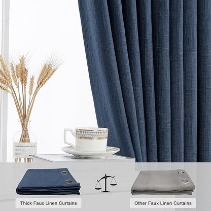 Jacquard Linen Curtains 108 inch Length 2 Panels Thick Faux Linen Blended Window Drapes Burlap Textured Curtains with Grommet for Living Room Bedroom Farmhouse (52x108 Navy) Natural