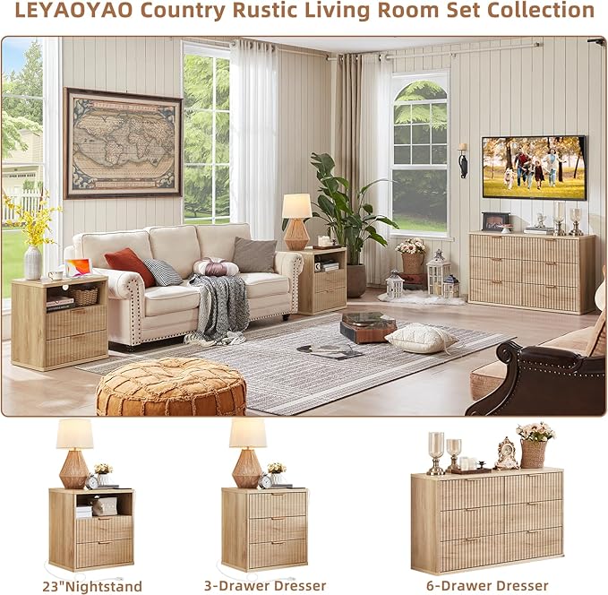 LEYAOYAO 42" Tall Fluted Dresser and 3 Drawers 23" Nightstand Set of 2, Wooden Dresser & Night Stand with Charging Station, 3 Piece Bedroom Furniture Set, Wood Chest of Drawer for Living Room,Natural