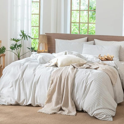 MooMee Striped Duvet Cover Set 100% Washed Cotton Linen Like Textured Breathable Durable Soft Comfy (White Heathered Green Wide Stripes, Queen 90"x90")