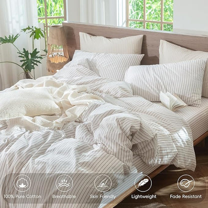 MooMee Striped Duvet Cover Set 100% Washed Cotton Linen Like Textured Breathable Durable Soft Comfy (White Orange Wide Stripes, Super King 108"x98")