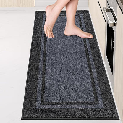 Kitchen Rugs 24" x 70", Non-Slip Machine Washable Kitchen Runner Rugs Floor Mats, Absorbent Comfort Standing Mats for Kitchen, Sink, Laundry and Hallway, Rolled Packaging, Bluish Grey & Charcoal