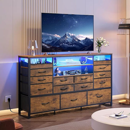 WLIVE TV Stand for 55, 60, 65 inch TV, Entertainment Center with LED Lights & Charging Station, TV Media Console Table with 15 Fabric Drawers and Open Shelves for Living Room, Hallway, Rustic Brown
