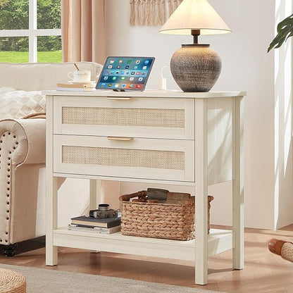 LEYAOYAO 31.5" Wide Rattan Night Stand Set 2 with Charger Station, Oversized Large Boho Nightstand with 2 Drawer, Grey White Bed Side End Tables, Tall Bedside Table for Bedroom Living Room, Hallway