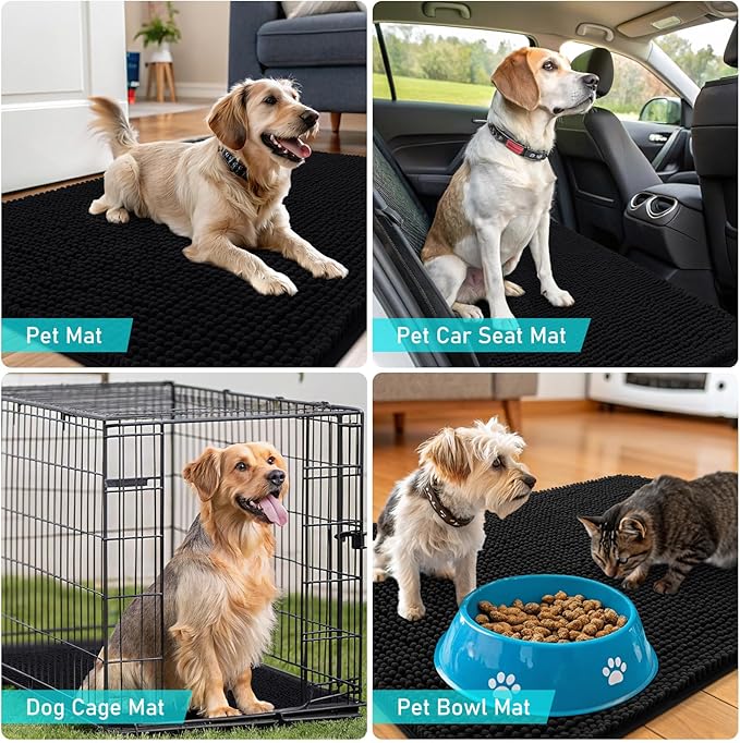 OLANLY Dog Door Mat for Muddy Paws 59x32, Absorbs Moisture and Dirt, Absorbent Non-Slip Washable Doormat, Quick Dry Chenille Mud Mat for Dogs, Entry Indoor Entryway Carpet for Inside Floor, Black