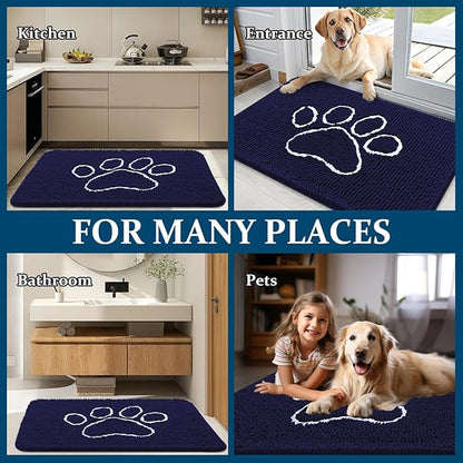 OLANLY Dog Door Mat for Muddy Paws 24x16, Paw Print Design, Absorbs Moisture and Dirt, Absorbent Non-Slip Washable Doormat, Quick Dry Chenille Mud Mat for Dogs, Entry Indoor Entryway Carpet, Navy Blue