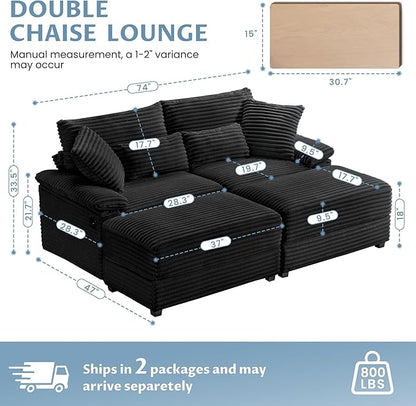 74" Double Chaise Lounge Chair Indoor, Oversized Loveseat with Removeable Ottoman, Corduroy Couch with USB Charging, Storage Ottoman, and Coffee Table Cushions for Living Room (2 Chaise Black)