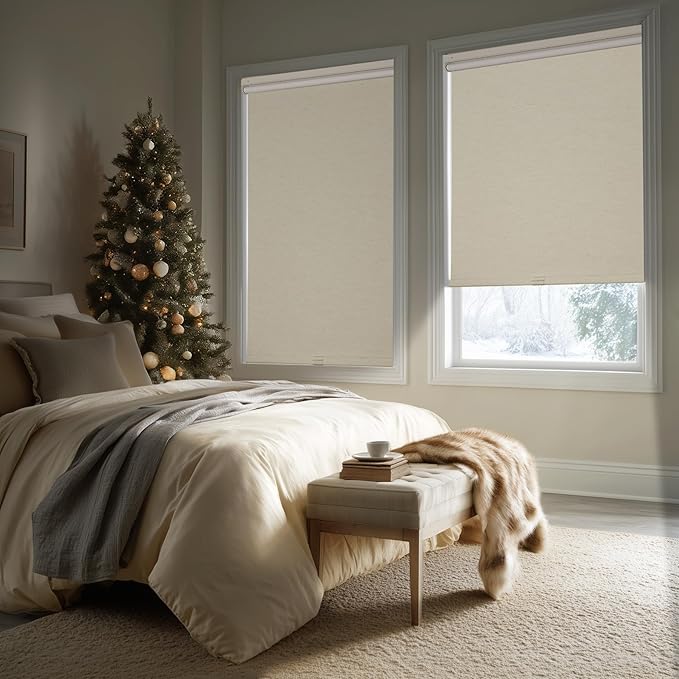 HESTIA No Drill Cordless Blackout Roller Shades Screwless Waterproof Shower Window Blinds, Auto-Retraction Easy Install Blind for Bedroom/Living Room/Kitchen, Cream Linen, 26" W x 72" H