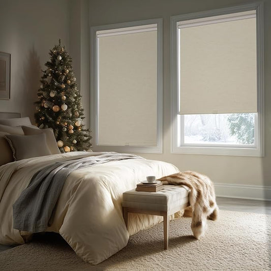 HESTIA No Drill Cordless Blackout Roller Shades Screwless Waterproof Shower Window Blinds, Auto-Retraction Easy Install Blind for Bedroom/Living Room/Kitchen, Cream Linen, 47" W x 72" H