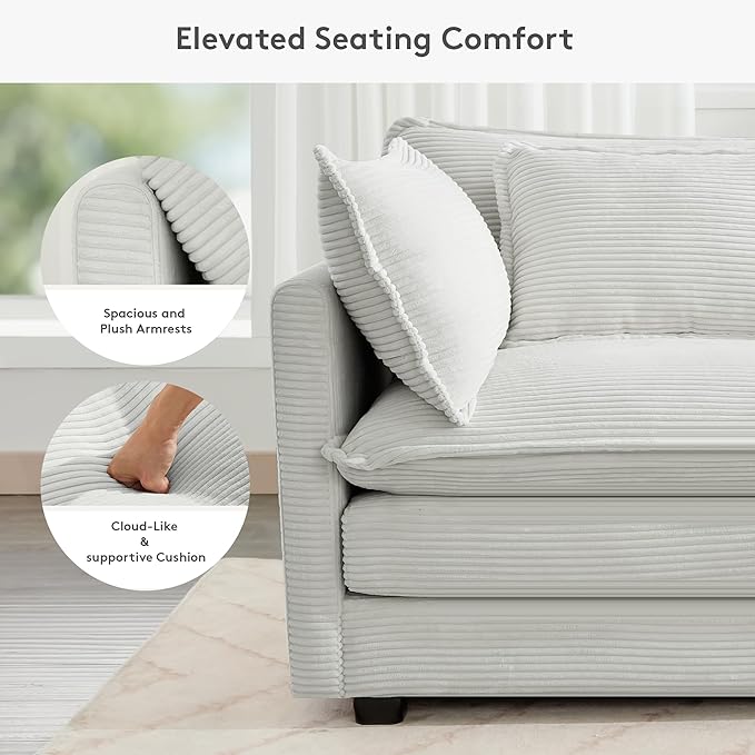 ROWHY 150'' Modular Sectional Corner Cloud Couch, 7 Seater Sofa Big Comfy Corduroy V Shaped Couch with 4 Throw Pillows, Movable Ottoman, Couches for Living Room Office Light Grey
