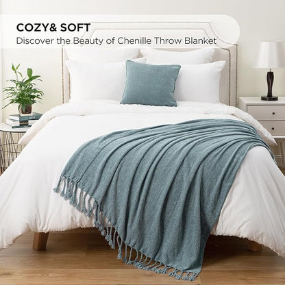 BATTILO HOME Blue Grey Throw Blanket for Couch Bed, Soft Cozy Light Blue Chenille Throw Blanket with Fringe, Lightweight Throw Blanket for Home Decor, 50"x60"