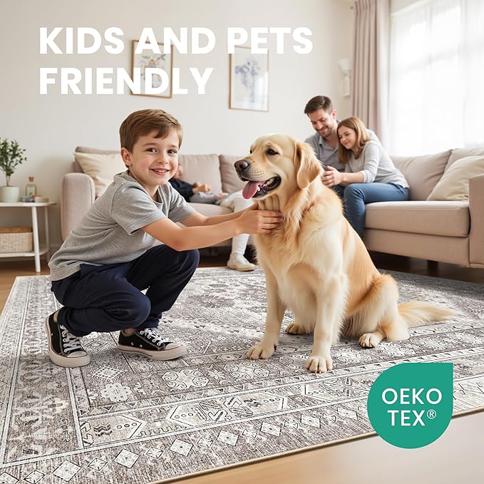 zesthome 4x6 Rug - Stain Resistant Washable Rug, Anti Slip Backing Rugs for Living Room, Foldable Vintage Small Area Rugs (Brown/Beige,4'x6')