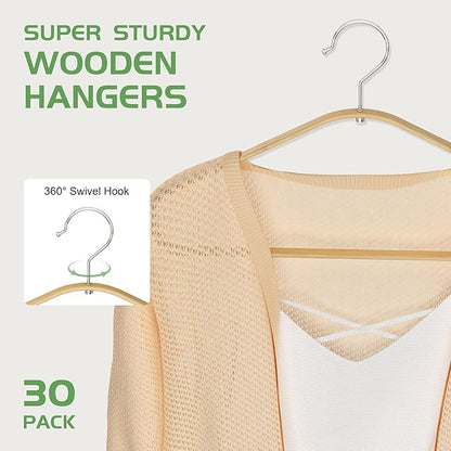 Bamboo Hangers - 30 Pack, Slim & Durable Suit Hangers with 360-Degree Rotatable Hook, for Clothes, Jacket, Shirt, Tank Top, Pant (Natural)