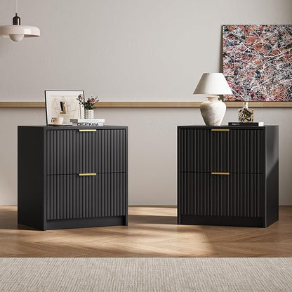 3-Piece Dresser Bedroom Set, 5 Drawer Dresser & 2 Drawer Nightstands with Gold Handles, Fluted Wood Chest of Drawers for Bedroom, Living Room, Entryway, Black