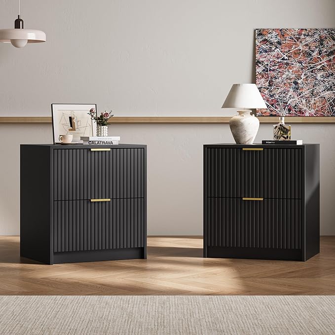 3-Piece Dresser Bedroom Set, 6 Drawer Dresser & 2 Drawer Nightstands with Gold Handles, Fluted Wood Chest of Drawers for Bedroom, Living Room, Entryway, Black