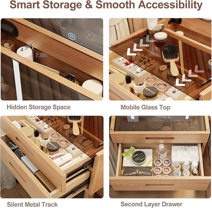Solid Wood Small Vanity Desk with Mirror and Lights, Narrow Makeup Vanity for Small Space, Flip Top Vanity Side Table, 3 Color Modes & Adjustable Brightness, 19.6" Slim Dressing Table, Natural