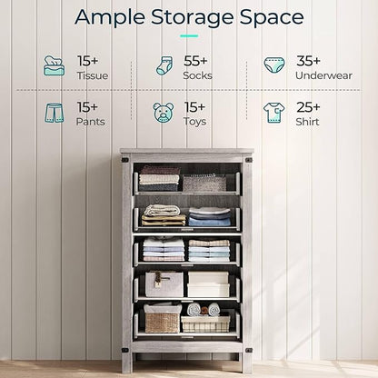 LINSY HOME Farmhouse 5 Drawer Dresser for Bedroom, 46” Tall Rustic Wood Chest with Deep Drawers, Modern Dressers with Spacious Storage and Metal Handles for Closet, Living Room, Hallway, Wash Grey