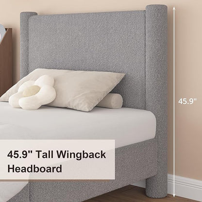 King Size Bed Frame, Boucle Upholstered Platform Bed with Headboard and Footboard, Soft Rounded Corners, No Box Spring Required, Easy Assembly, Light Grey