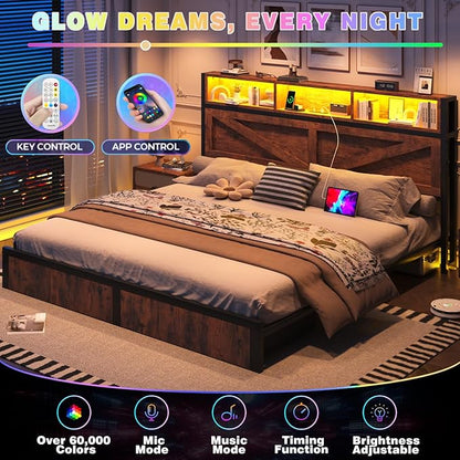 Farmhouse King Bed Frame with Bookcase Storage Headboard, Charging Station, LED Light and 2 Storage Drawers, Noise Free, No Box Spring Needed, Brown