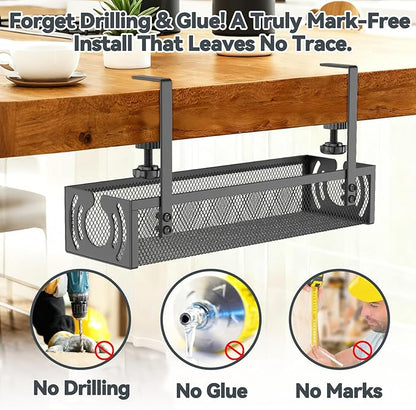 Cable Management, 15'' Under Desk Cable Management Tray No Drill, Metal Cable Organizer with Clamp for Wire Management, Cord Organizer for Home Office, Desk Accessories Organizer, Black