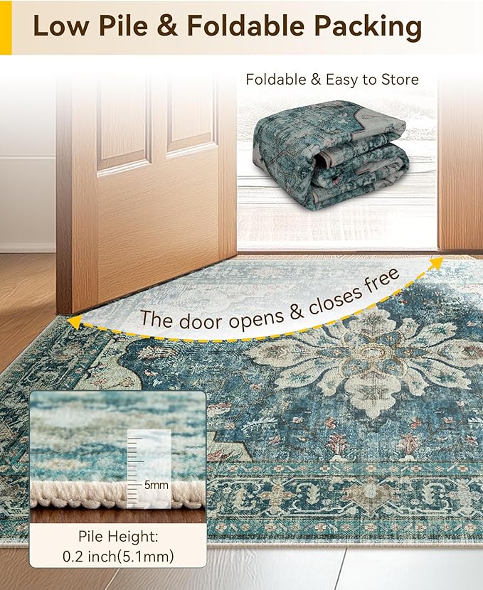 Area Rugs 2'6''x14' Washable Non-Slip, Floral Vintage Distress Print Pattern Medallion Carpet for Living Room Bedroom Dining Room, Dark Blue Vintage