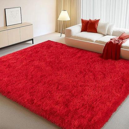 Soft Red Rugs for Bedroom, 4x6 Fluffy Fuzzy Shaggy Rugs for Living Room, Non-Slip Bedside Shag Rug Carpet for Kids Room Nursery Dorm Home Decor