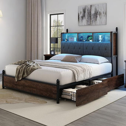 AMERLIFE Queen Size Bed Frame with Bookcase Headboard, 4 Storage Drawers, Wooden Platform Bed with Charging Station & LED Light, No Box Spring Needed, Noise-Free, Rustic Brown