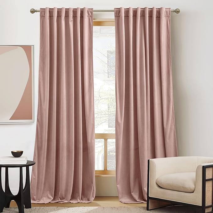 RYB Home Dusty Pink Velvet Curtains 96 inches Length - Thermal Insulated Back Tab Panel Soft Vertical Sense Window Decor for Baby Room Farmhouse, Width 52 x Length 96 inch, 2 Panels