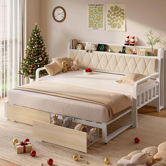 ONBRILL Twin Daybed with Trundle, Twin to King Daybed with Pop up Trundle, Metal Twin Day Bed Frame with Storage Drawers, Upholstered Headboard & Power Outlet for Living Room & Guest Room, White