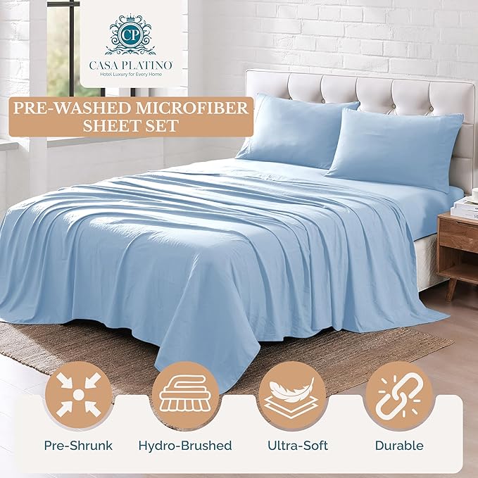 Casa Platino Queen Bed Sheets Set, Soft & Breathable Bedding for Queen Size Mattress, 4 Piece Set with Deep Pockets, Lightweight Microfiber, Pre-Washed & Durable, Cooling Sheet Set – French Blue