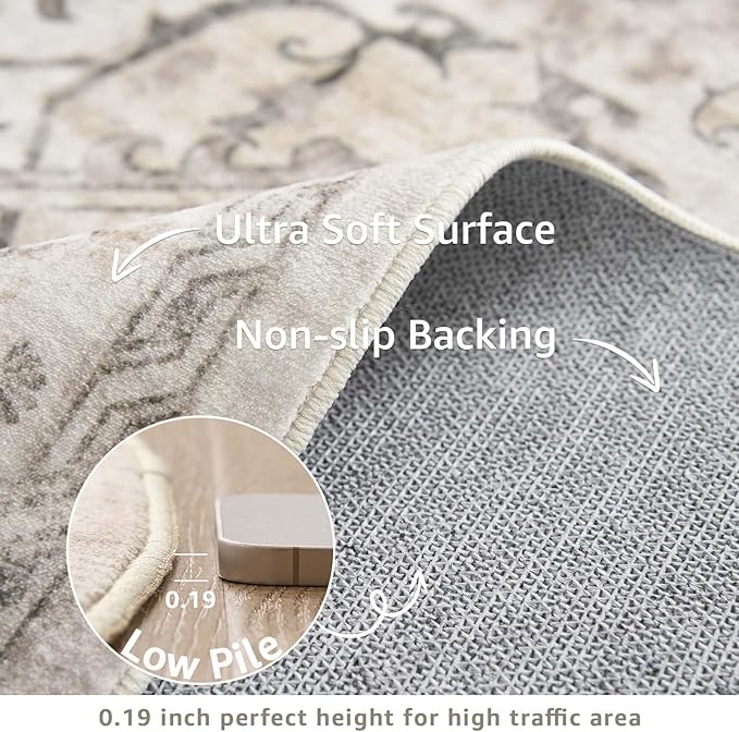 jinchan Round Rug 8ft Area Rug Vintage Floor Mat Kitchen Indoor Ultra-Thin Soft Floral Print Washable Circle 8' Accent for Farmhouse Non Slip Dining Room Living Room Bedroom Office Taupe
