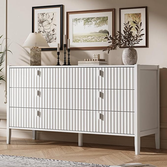 Fluted 6 Drawer Dresser for Bedroom, 55.1" Wide Modern Chest of Drawers with Solid Wood Legs, Versatile Storage Cabinet for Living Room, Office, Hallway, White